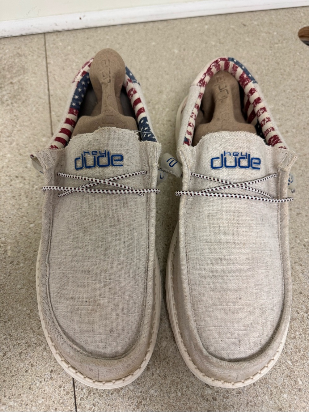 Hey Dude Beige Canvas Slip-Ons with American Flag Trim